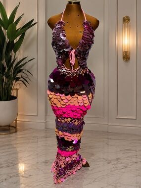 Sequin Mermaid Maxi Skirt in Pink and Purple